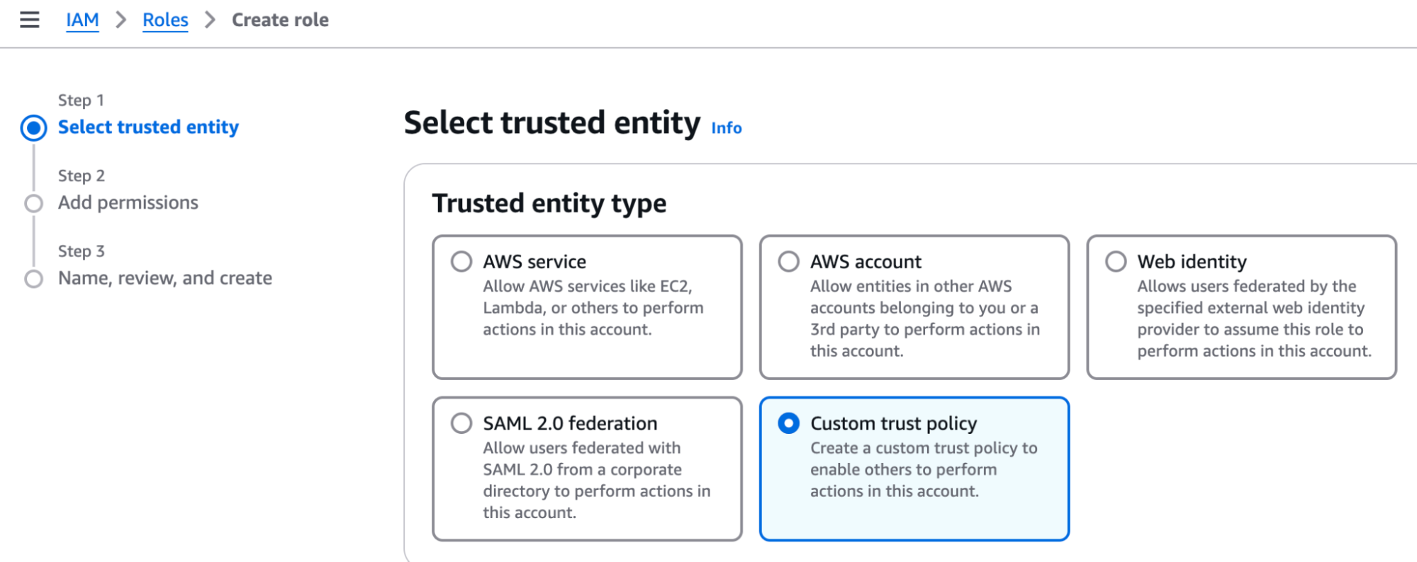 AWS "Trusted entity type" selection