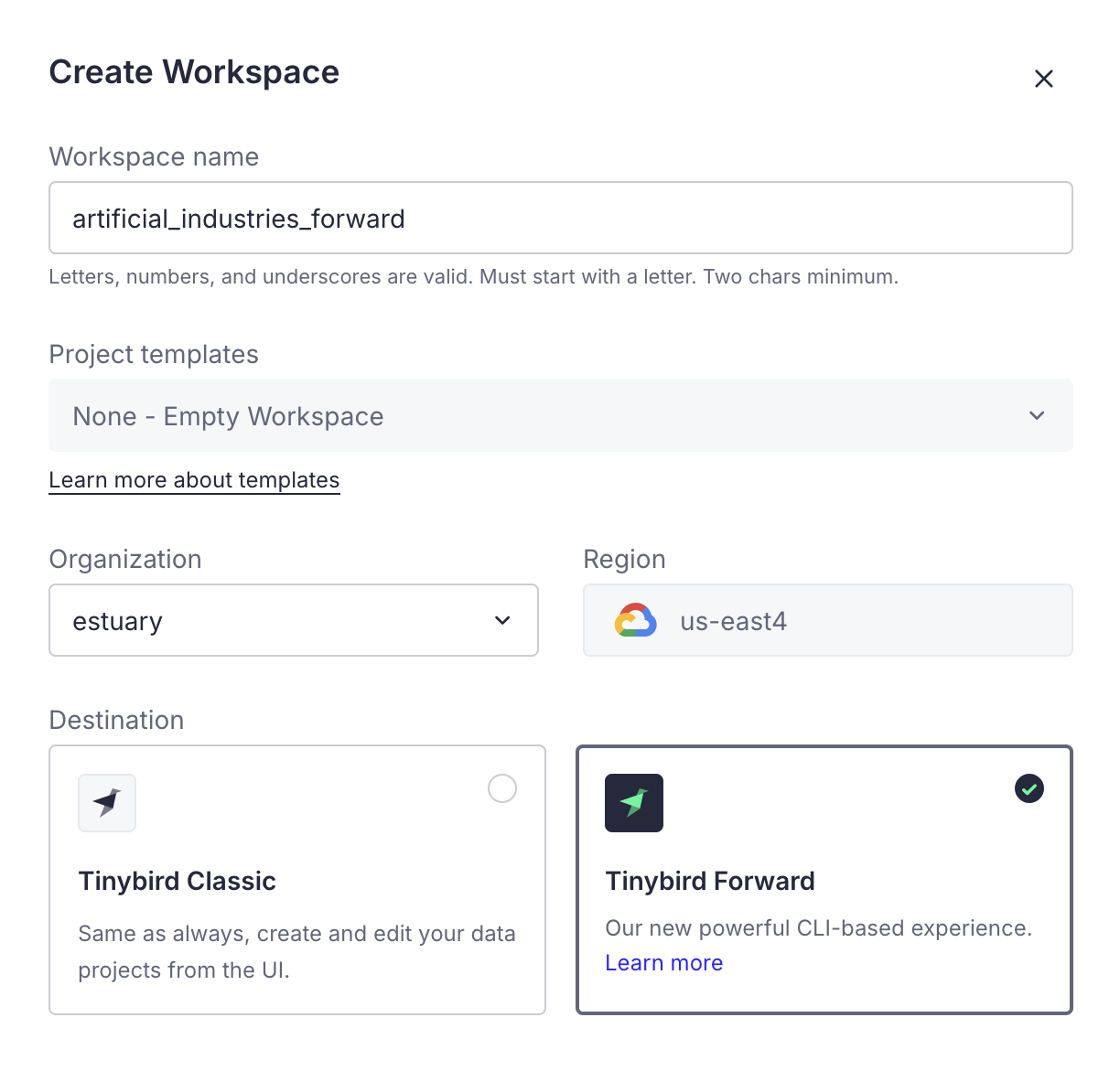 Creating a new Tinybird workspace